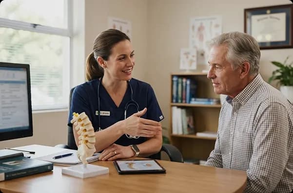 Nurse explaining information to an older patient at a desk