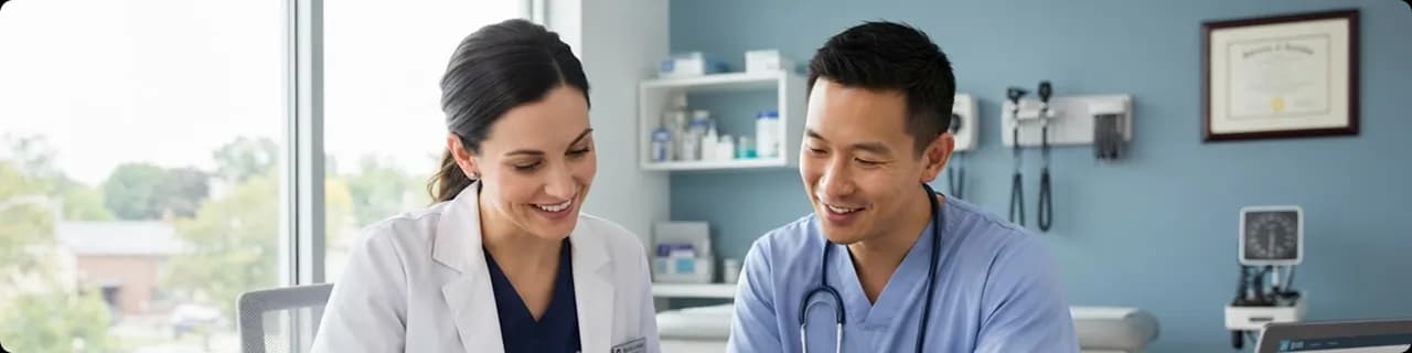 Two healthcare professionals reviewing information together