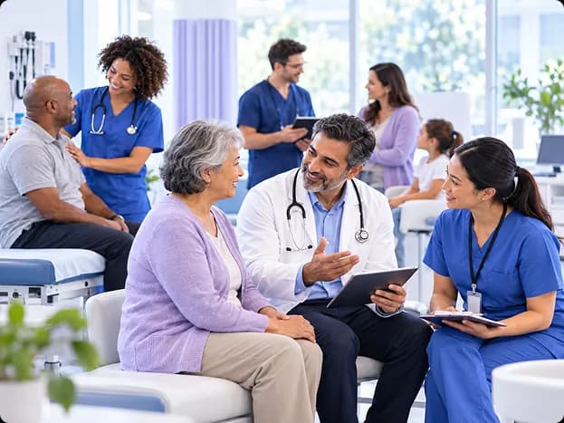 Care professionals talking with patients in a bright clinic