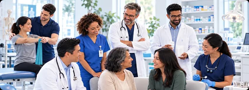 Healthcare professionals from different role families working together