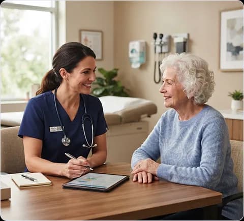 Nurse talking with an older patient at a consultation table