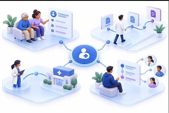 Conceptual illustration connecting healthcare information, participants, and independent organizations