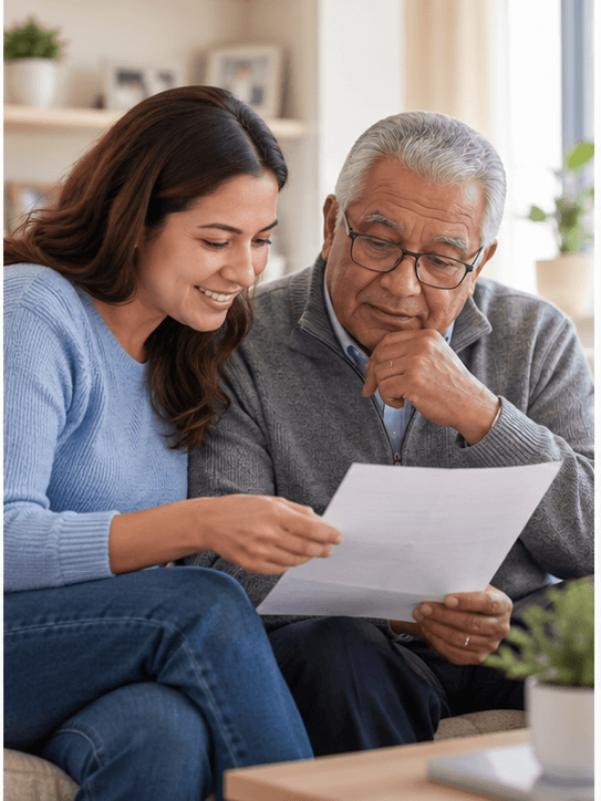 Illustrative caregiver assisting an older family member
