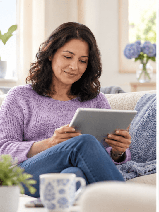 Illustrative adult reading healthcare information at home