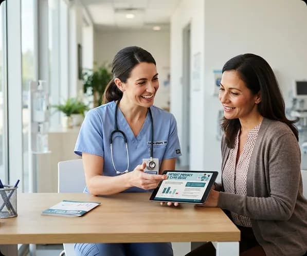 Nurse reviewing a patient privacy and care guide with a patient