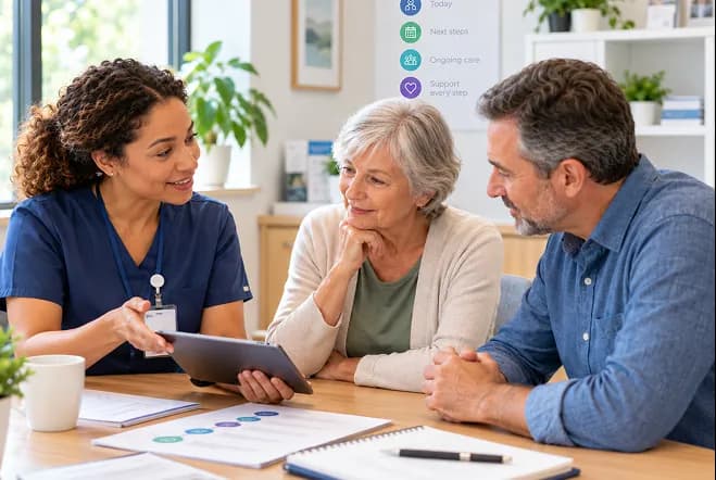 Care professional explaining next steps to a patient and family member