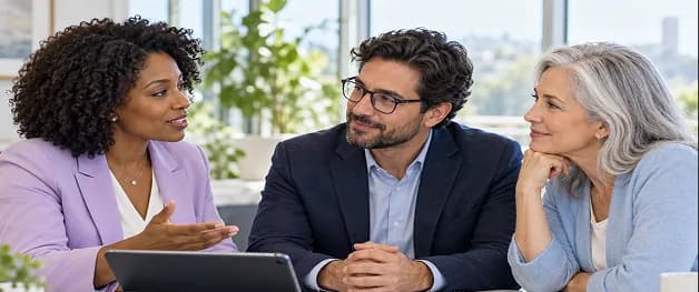 Three people discussing options around a table