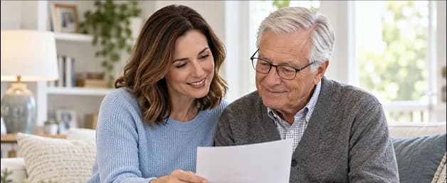 Two people reviewing a letter together at home
