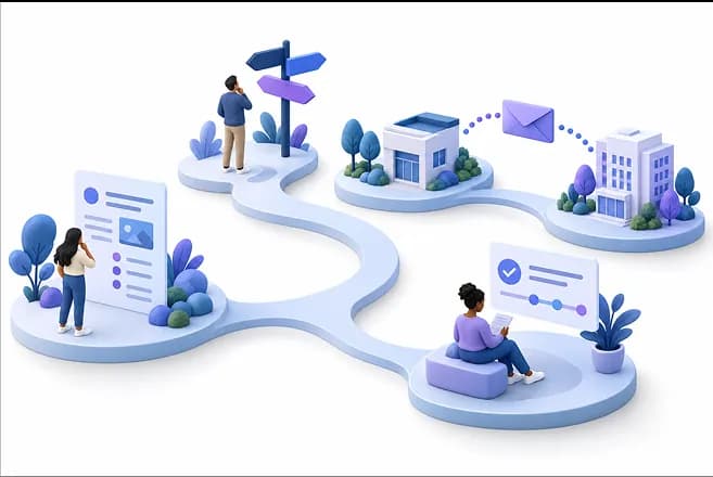 Conceptual care-navigation route connecting information, possible next steps, independent organizations, and follow-up