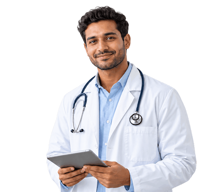 Smiling doctor in a white coat holding a tablet