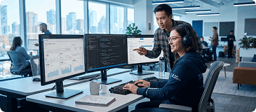 Developers collaborating at multi-monitor workstations