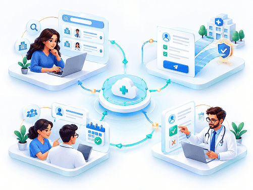Isometric illustration of connected healthcare steps around a central cloud