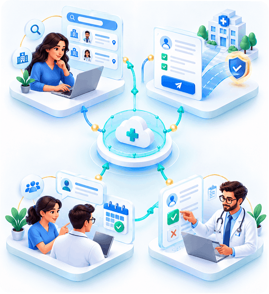 Isometric illustration of the four-step healthcare access journey