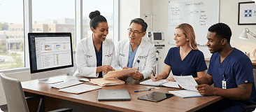 Clinicians reviewing patient documents around a table