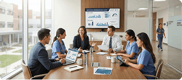 Hospital staff meeting around a conference table