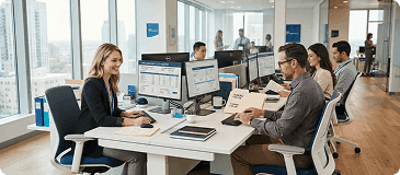 Colleagues working at desks in a high-rise office