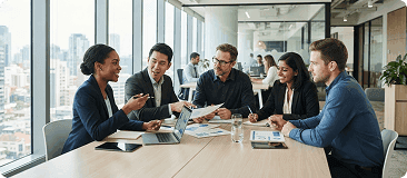 Team meeting around a table with city views