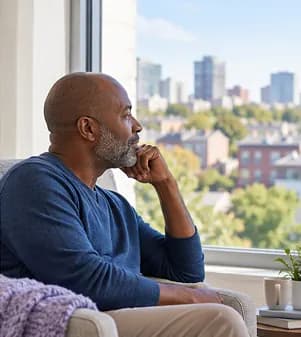 Person looking out of a window, considering local context