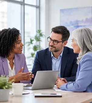 Professionals in a planning discussion around a laptop