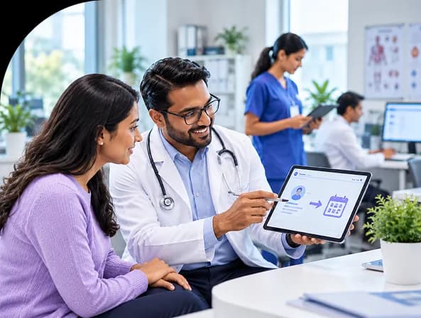 Clinician showing a patient referral information on a tablet