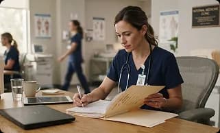 Clinician reviewing paperwork at a desk