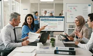 Hospital staff meeting around a coordination screen
